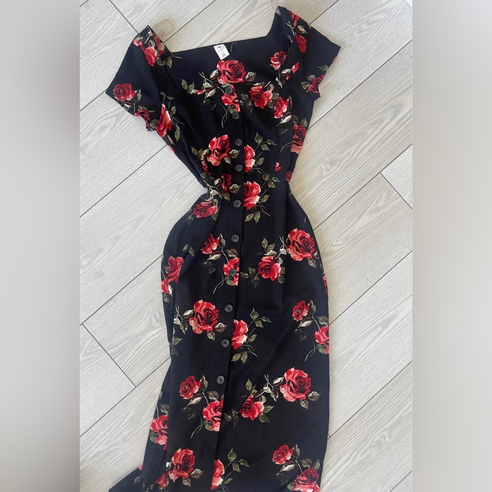 Floral Black and Red Button-Up Dress BD Claudia